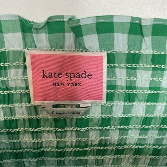 Kate spade Green & White Gingham Smocked-bodice Dress size LG - POCKETS!! - Picture 6 of 11